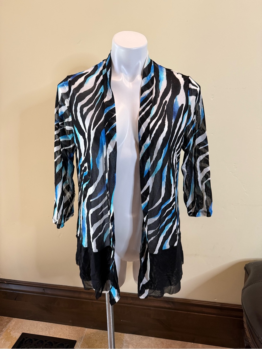 Zebra Stripe Open Front Sheer Cardigan with Blue Accents